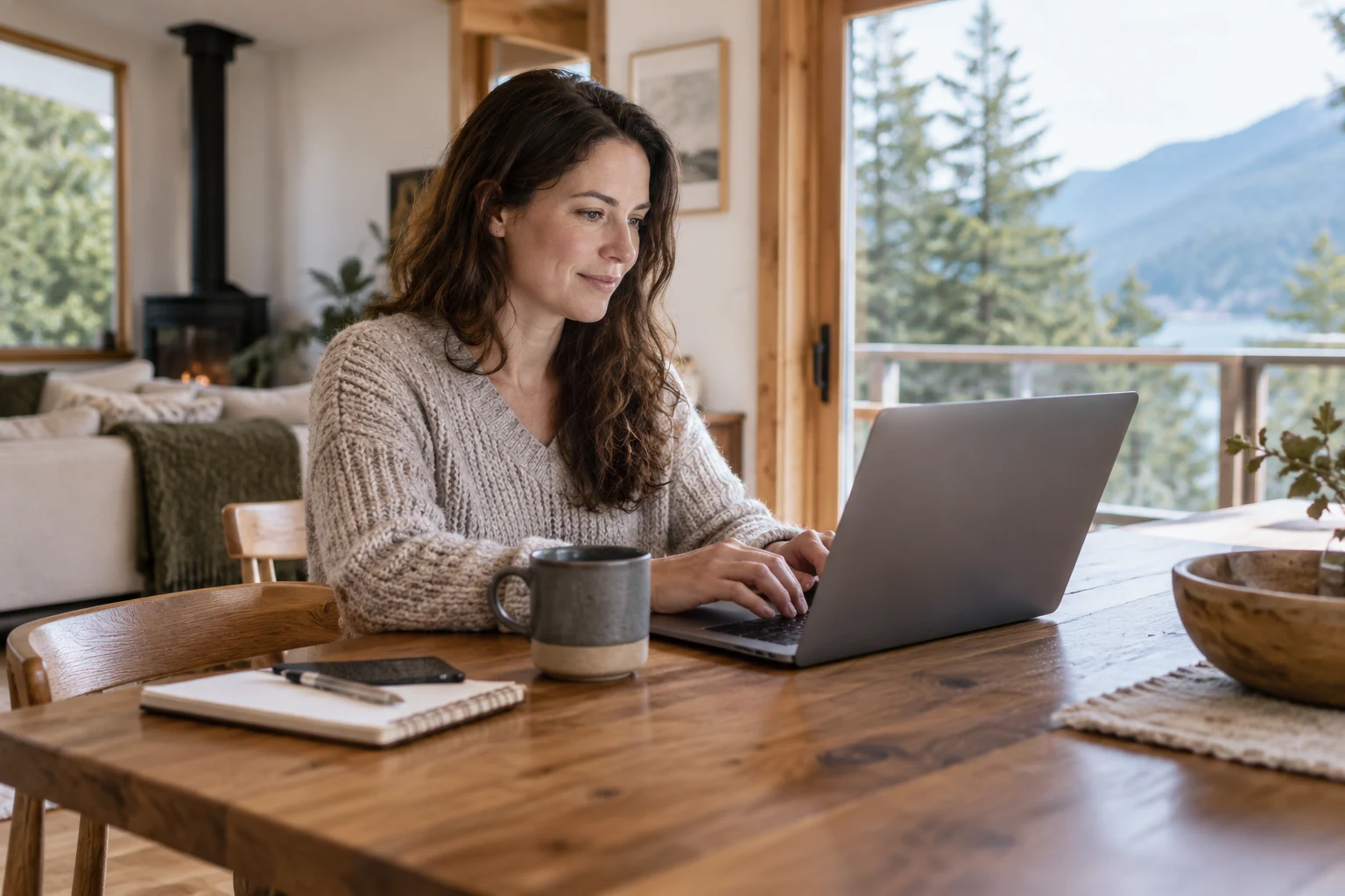 Work · Stream · Stay in touch Person working on a laptop at home